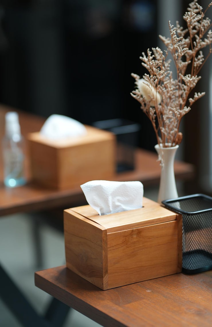 close up selective focus tissue paper wood box wooden table kitchen dining room 26077 470