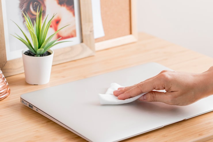 high angle hand disinfecting laptop desk 23 2148561125